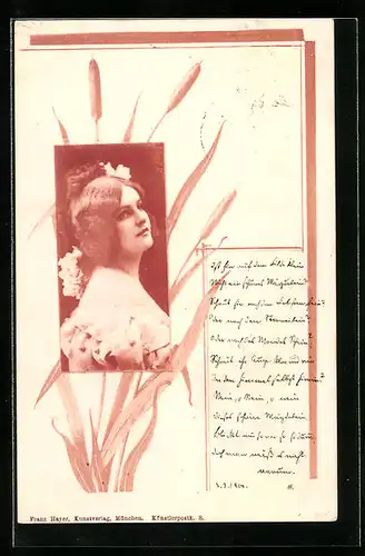 Künstler-AK Portrait einer jungen Frau und Pflanzen, Jugendstil