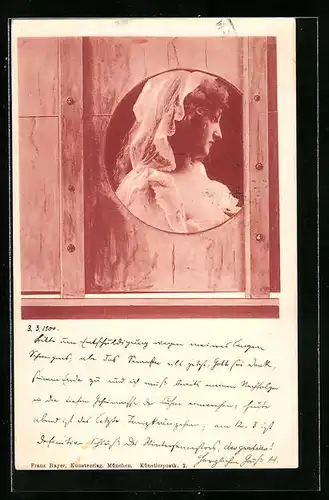Künstler-AK Portrait einer jungen Frau hinter Holz, Jugendstil
