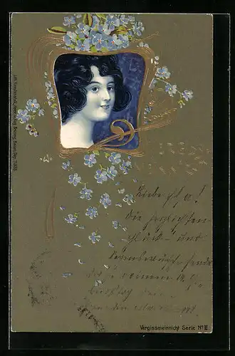 Präge-Lithographie Junge Frau im Goldrahmen mit Vergissmeinicht-Blüten, Jugendstil