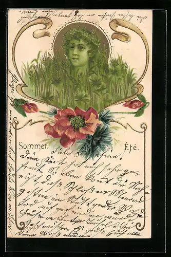 Lithographie Sommer - Kopf auf einer grünen Wiese, Blumen-Ornamente, Jugendstil
