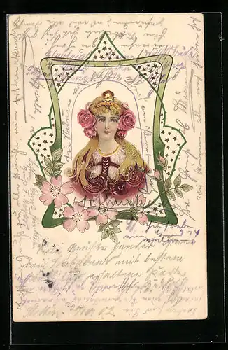 Präge-Lithographie Junge Dame mit Rosen in den Haaren, Blumen, Ornamente, Jugendstil