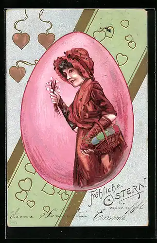 Passepartout-Lithographie Junge Dame mit Eierkörbchen und Ostereiern im Ei-Passepartout, Herz-Ornamente, Jugendstil