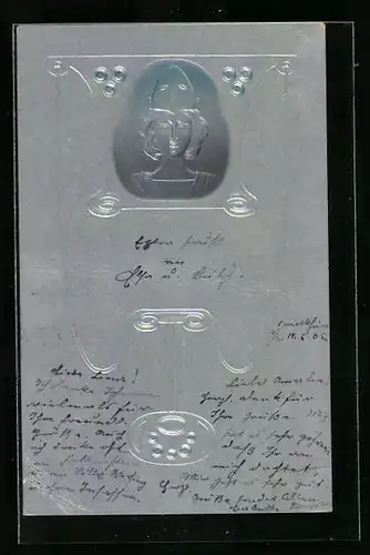 Präge-AK Jünglingsportrait, Ornamente, Jugendstil