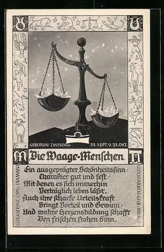 Künstler-AK Sternzeichen Waage - Bild einer Waage und Gedicht