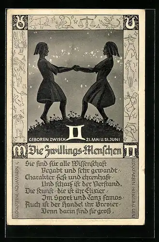 Künstler-AK Sternzeichen Zwillinge - Bild von Zwillingen, Gedicht