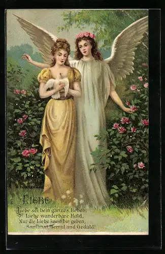 Präge-AK Engel der Liebe, Frau mit Friedenstaube