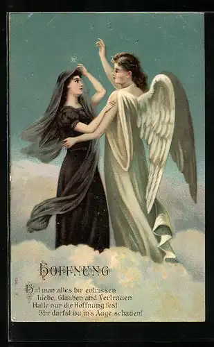 Präge-AK Engel der Hoffnung tröstet trauernde Frau