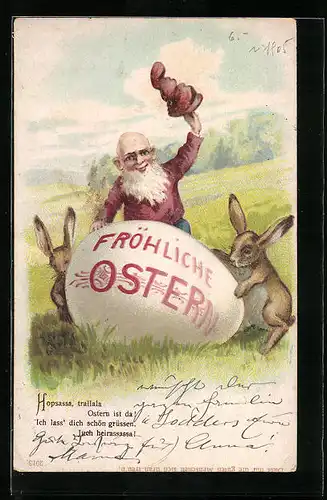 Künstler-AK Zwerg und Osterhasen wünschen Frohe Ostern