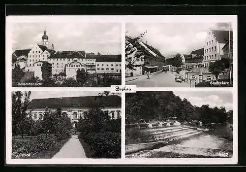 AK Dachau, Gesamtansicht, Stadtplatz, Schloss, Amperwehr