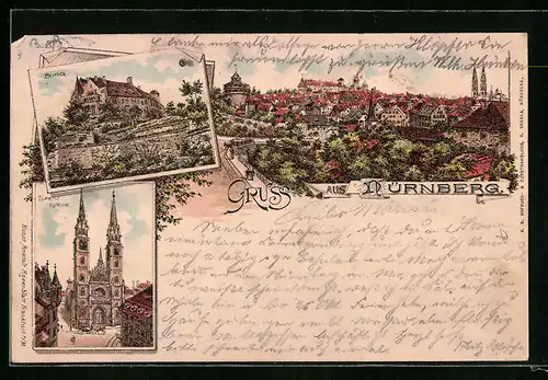 Lithographie Nürnberg, Ortsansicht, Burg, Lorenz-Kirche