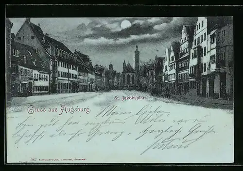Mondschein-Lithographie Augsburg, St. Jakobsplatz mit alten Häusern