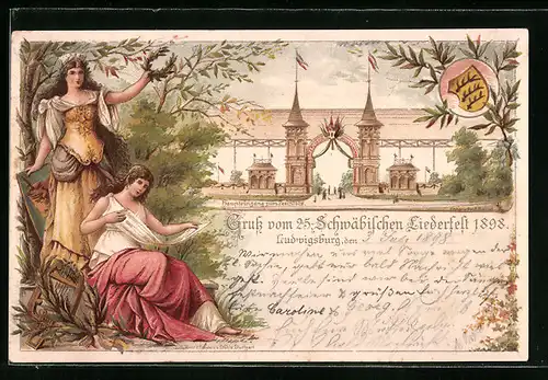 Lithographie Ganzsache Württemberg PP11C33: Ludwigsburg, 25. Schwäb. Liederfest 1898, Haupteingang zum Festplatz