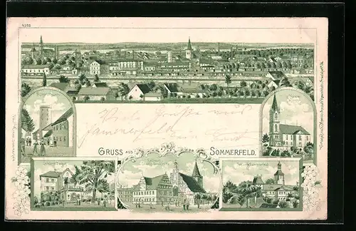 Lithographie Sommerfeld, Totalansicht, Büttellturm, Schloss Dolzig, Rathaus und Stadtpfarrkirche