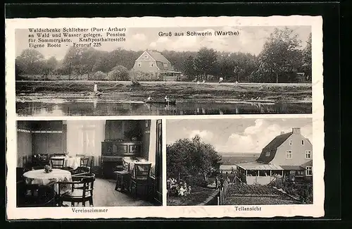 AK Schwerin a. d. Warthe, Gasthof Waldschenke Schliebner, Innenansicht des Vereinszimmers