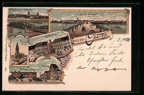 Lithographie Cüstrin, Schlosskaserne mit Oderbrücke, Friedenskirche, Marktplatz, Freiburger Bahnhof und Kaiserl. Post