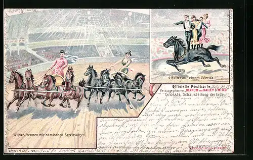 Lithographie Zirkusauftritt mit römischen Streitwagen und vier Reitern auf einem Pferd