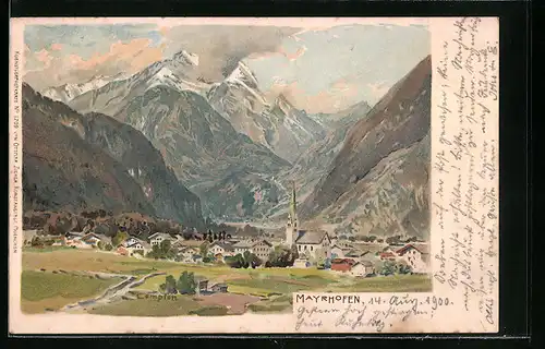 Künstler-AK Edward Theodore Compton: Mayrhofen, Totalansicht aus der Ferne