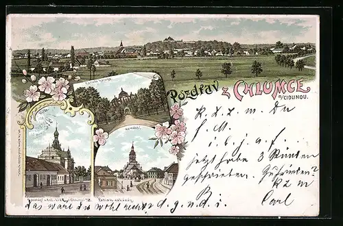 Lithographie Chlumec n. C., Karlova koruna, Vikta, Námestí, Panorama