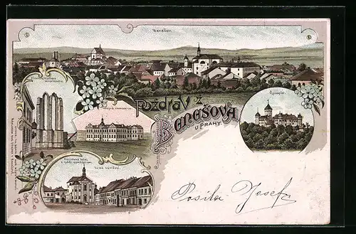 Lithographie Benesov, Zríceniny klástera minoritského, Verejná nemocnice, Konopist, Panorama