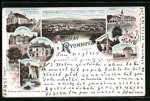 Lithographie Rychnov n. K., Kostel sv. Trojice a. c. k. gymnasium, Nova villa, Restaurace, Námestí