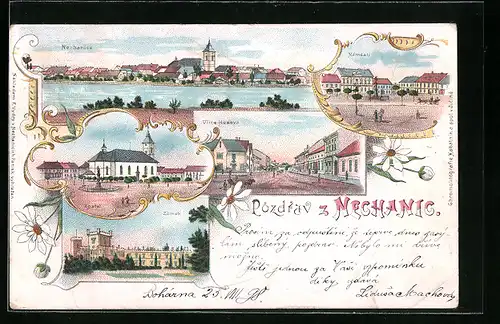 Lithographie Nechanice, Kostel, Ulice Husova, Námestí, Zámek