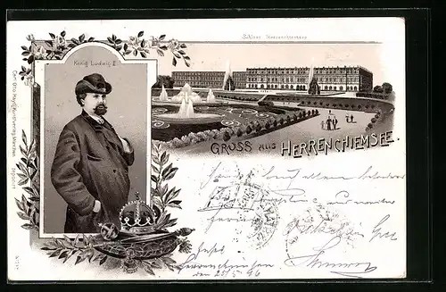 Lithographie Schloss Herrenchiemsee mit Portrait von König Ludwig II.