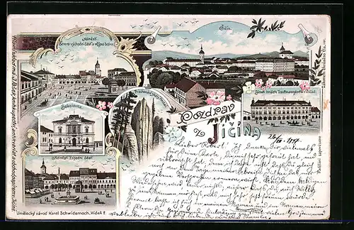 Lithographie Jicin, Totalansicht, Sokolovna, Namesti