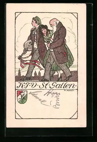 Künstler-AK St. Gallen, Studentenwappen des KTV, Student und Studentin mit Veteran