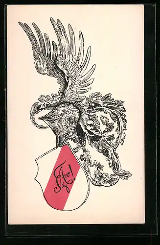 Künstler-AK Studentenwappen und geflügelter Ritterhelm