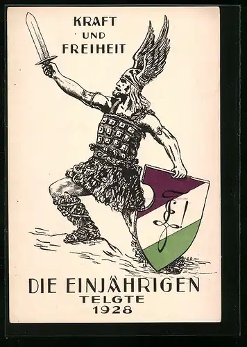 Künstler-AK Telgte, Die Einjährigen 1928, Germanenkrieger mit Studentenwappen