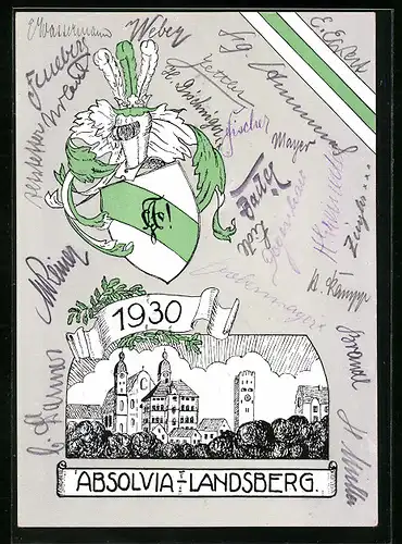 Künstler-AK Landsberg, Absolvia, Studentenwappen, Gebäude im Zentrum