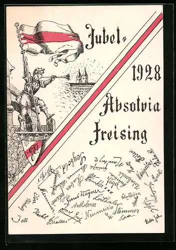 Künstler-AK Freising, Jubel-Absolvia 1928, Studentenwappen und -fahne