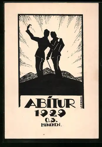 Künstler-AK München, Absolvia Abitur 1929, Absolventen geniessen den Sonnenaufgang