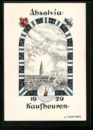 Künstler-AK Kaufbeuren, Absolvia 1929, Blick zur Kirche