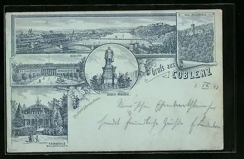 Vorläufer-Lithographie Coblenz, Totalansicht mit Schloss und Goeben-Denkmal 1892