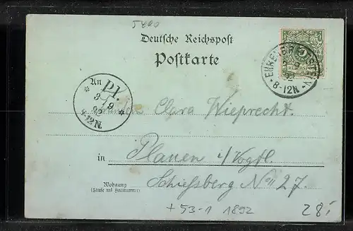 Vorläufer-Lithographie Coblenz, Totalansicht mit Schloss und Goeben-Denkmal 1892