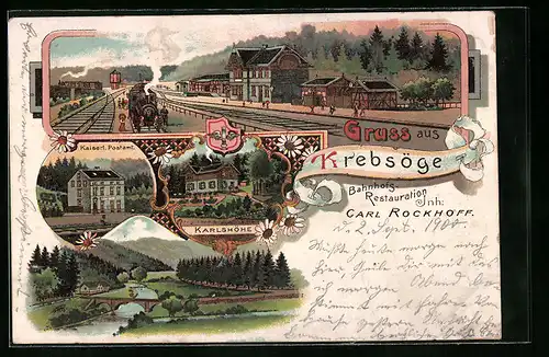 Lithographie Krebsöge, Bahnhof, Restaurant Carl Rockhoff