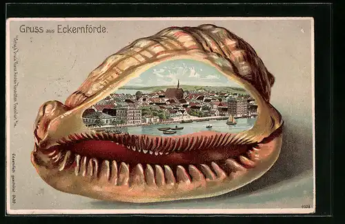 Passepartout-Lithographie Eckernförde, Totalansicht mit Muschel