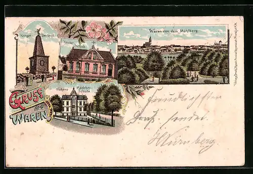 Lithographie Waren, Krieger-Denkmal, Höhere Mädchen-Schule