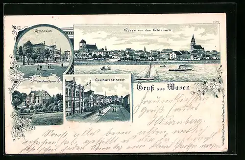 Lithographie Waren, Güstrowerstrasse, Gymnasium, Feierabendhaus