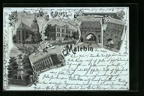 Mondschein-Lithographie Malchin, Rathaus, Kirche, Steinthor