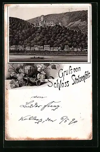 Vorläufer-Lithographie Stolzenfels, Schloss mit Weinreben 1890