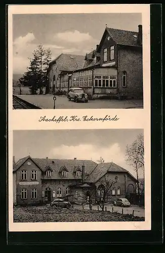 AK Ascheffel /Kr. Eckernförde, J. Lehmachers Gasthof mit Bahnschienen und Strasse