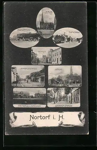 AK Nortorf i. H., Rathaus, Poststrasse, Arbeitshaus und Altersheim
