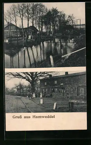 AK Hamweddel, Ortspartie mit Wehr, Strassenpartie mit Gebäude