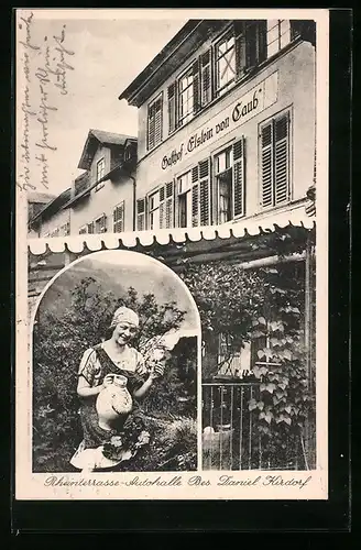 AK Caub, Gasthof Elslein von Caub, Mädchen mit Weinkrug