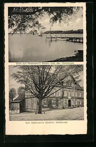 AK Westensee /Bez. Kiel, Gasthof Carl Bleckmann - Gebäude mit Strasse, Blick aus dem Garten über den Westensee