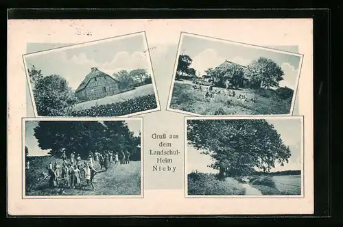 AK Nieby, Landschulheim - Gebäude, Kindergruppe, Landschaft