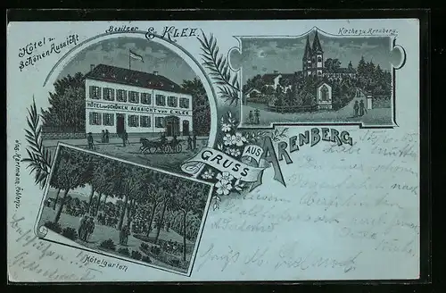 Mondschein-Lithographie Arenberg, Kirche, Hotel zur schönen Aussicht, Hotelgarten