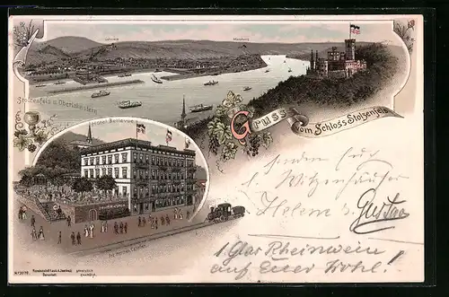 Lithographie Stolzenfels, Schloss Stolzenfels, Hotel Bellevue